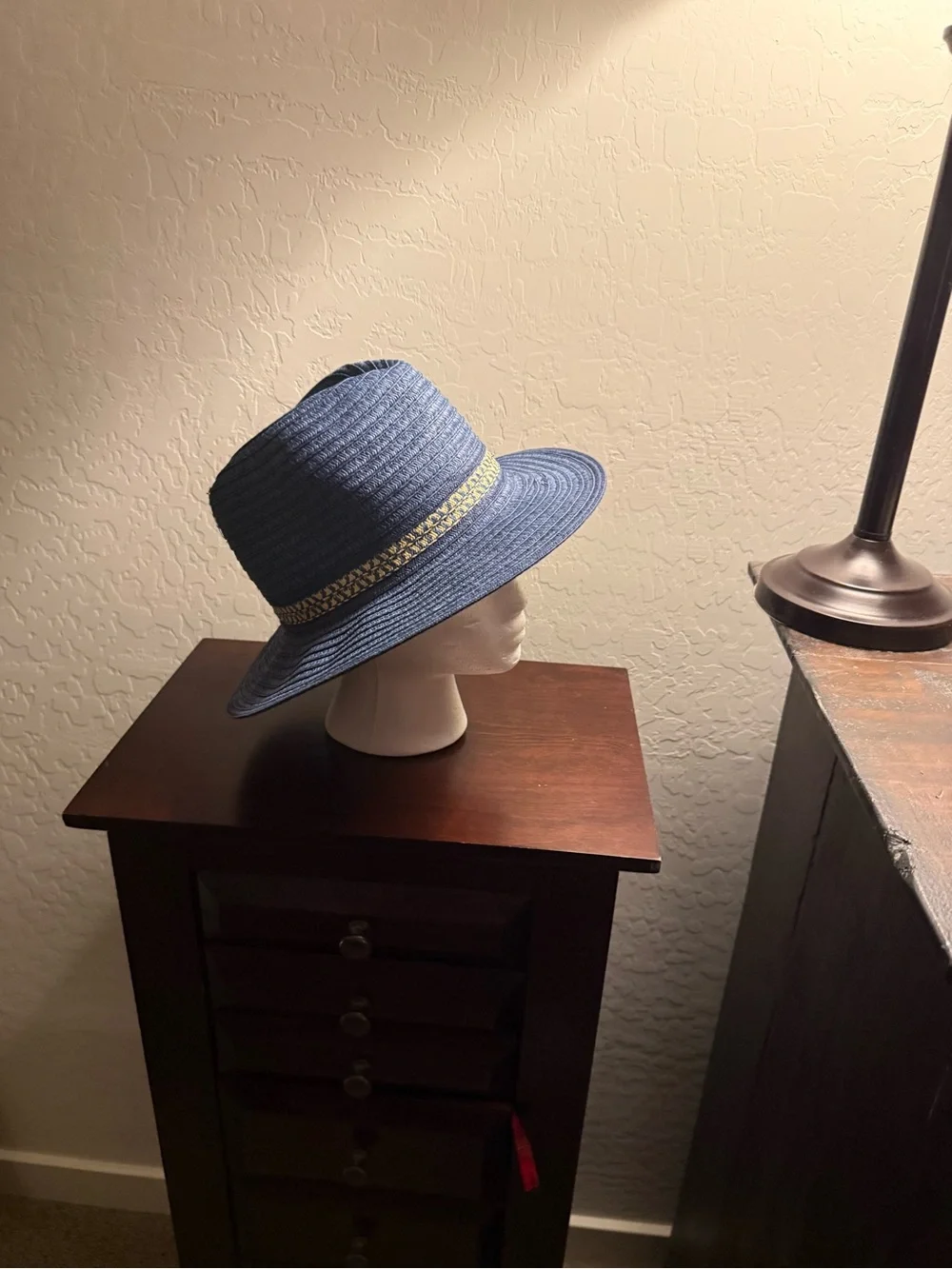 Wide-Brim Blue Straw Hat with Decorative Band